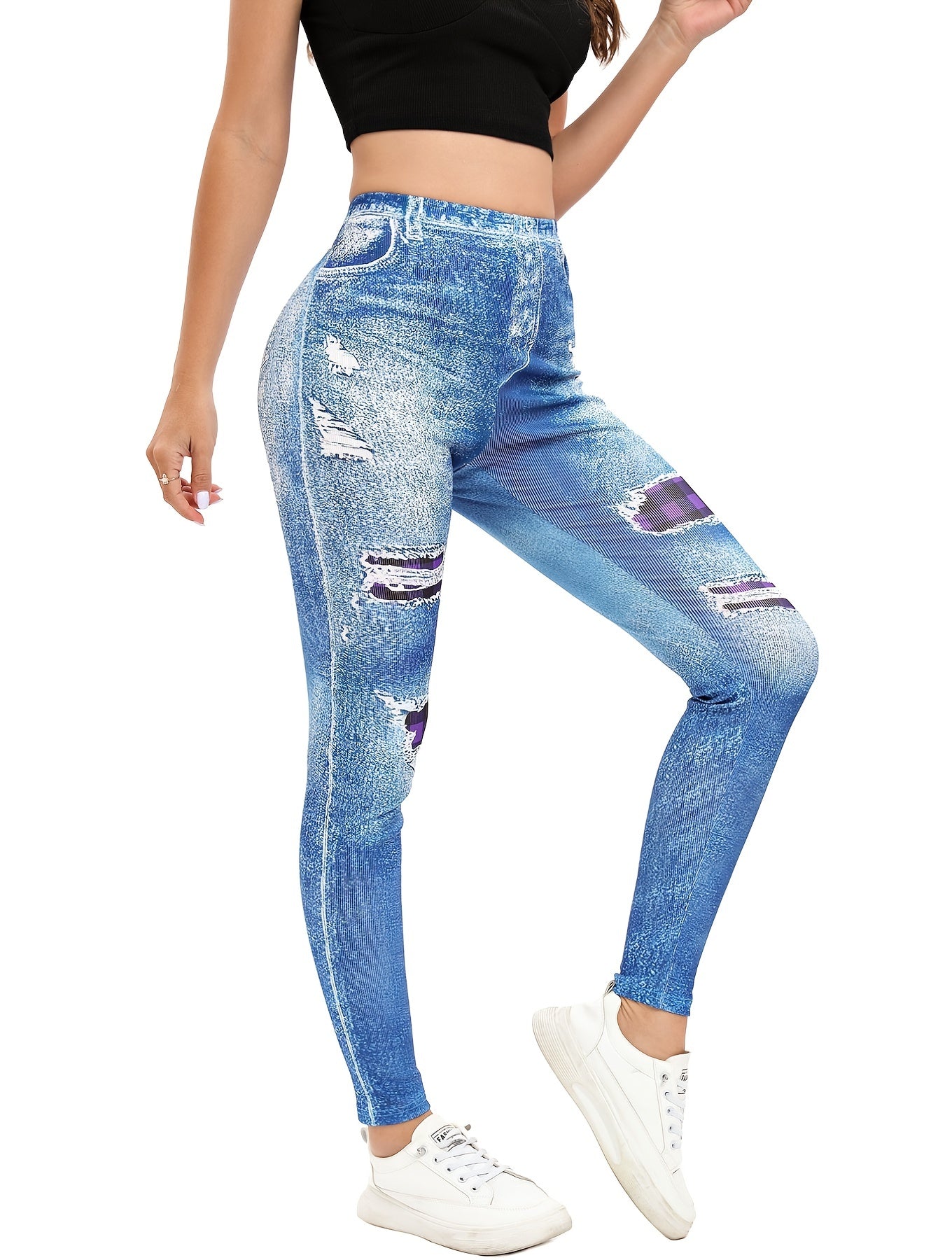 Denim Print High Waist Skinny Leggings Casual Stretchy Leggings