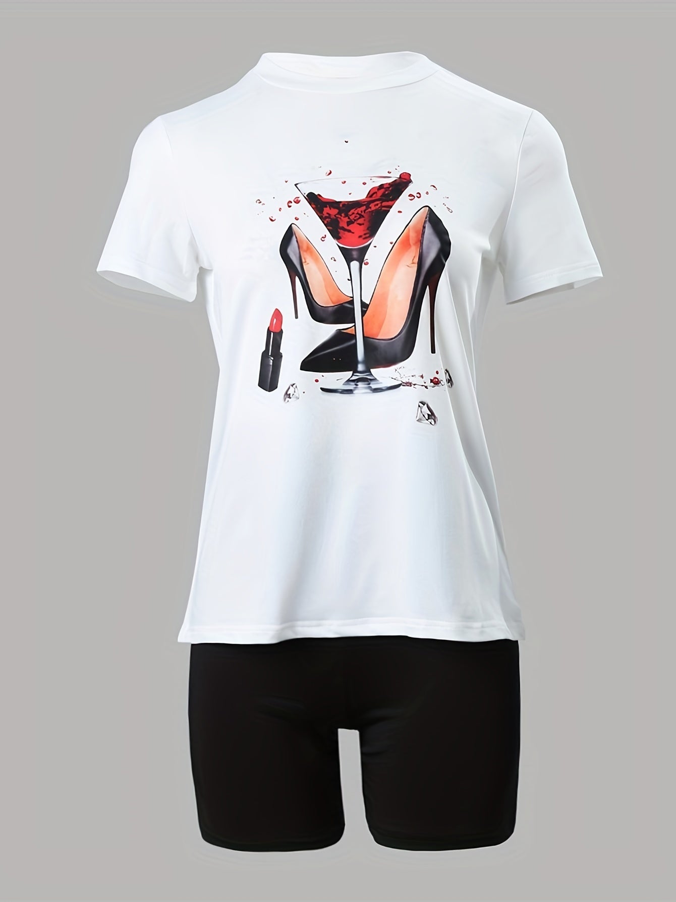 High Heel & Wineglass Print Tee & Solid Slim Shorts Set