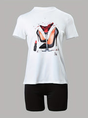 High Heel & Wineglass Print Tee & Solid Slim Shorts Set