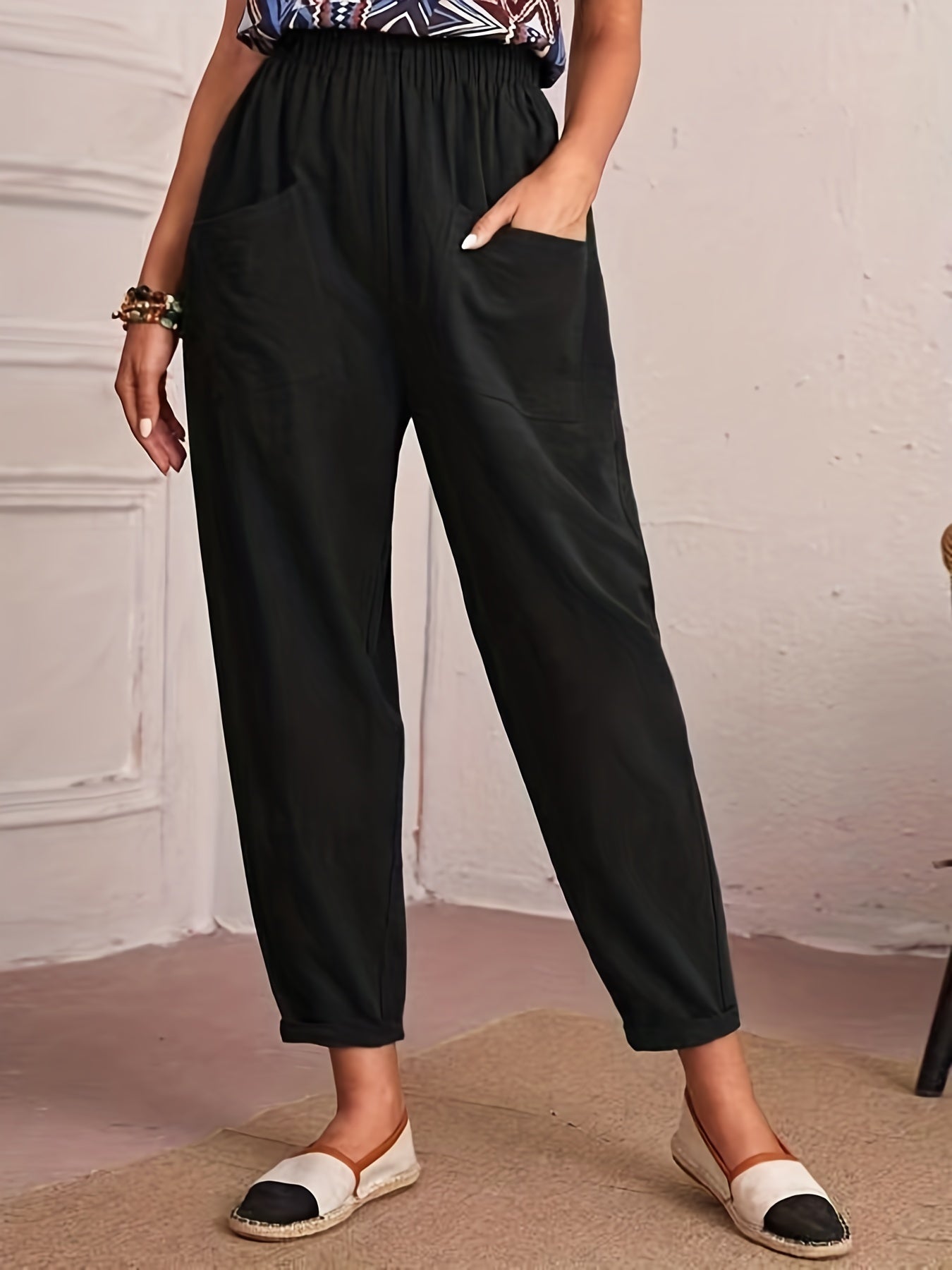 Ruched Elastic Waist Pants Solid Casual Pocket Front Pants