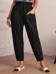 Ruched Elastic Waist Pants Solid Casual Pocket Front Pants