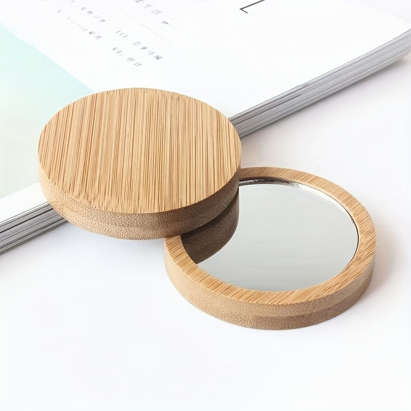 2pcs Small Round Mirror Bamboo Compact Makeup Vanity Mirror