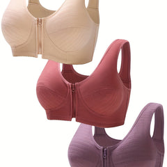 3pcs Front Buckle Wireless Bras, Comfy & Breathable Women's Lingerie