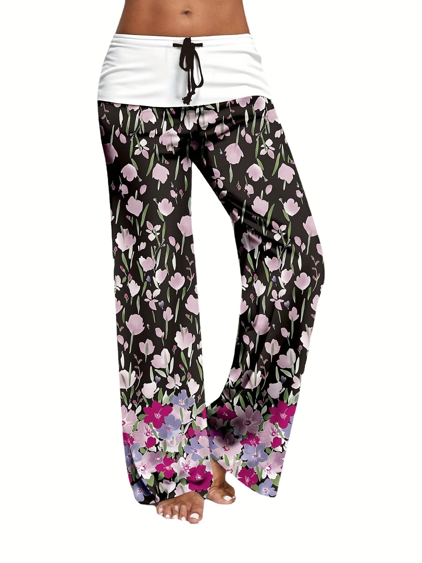 Floral Print Drawstring Wide Leg Pants