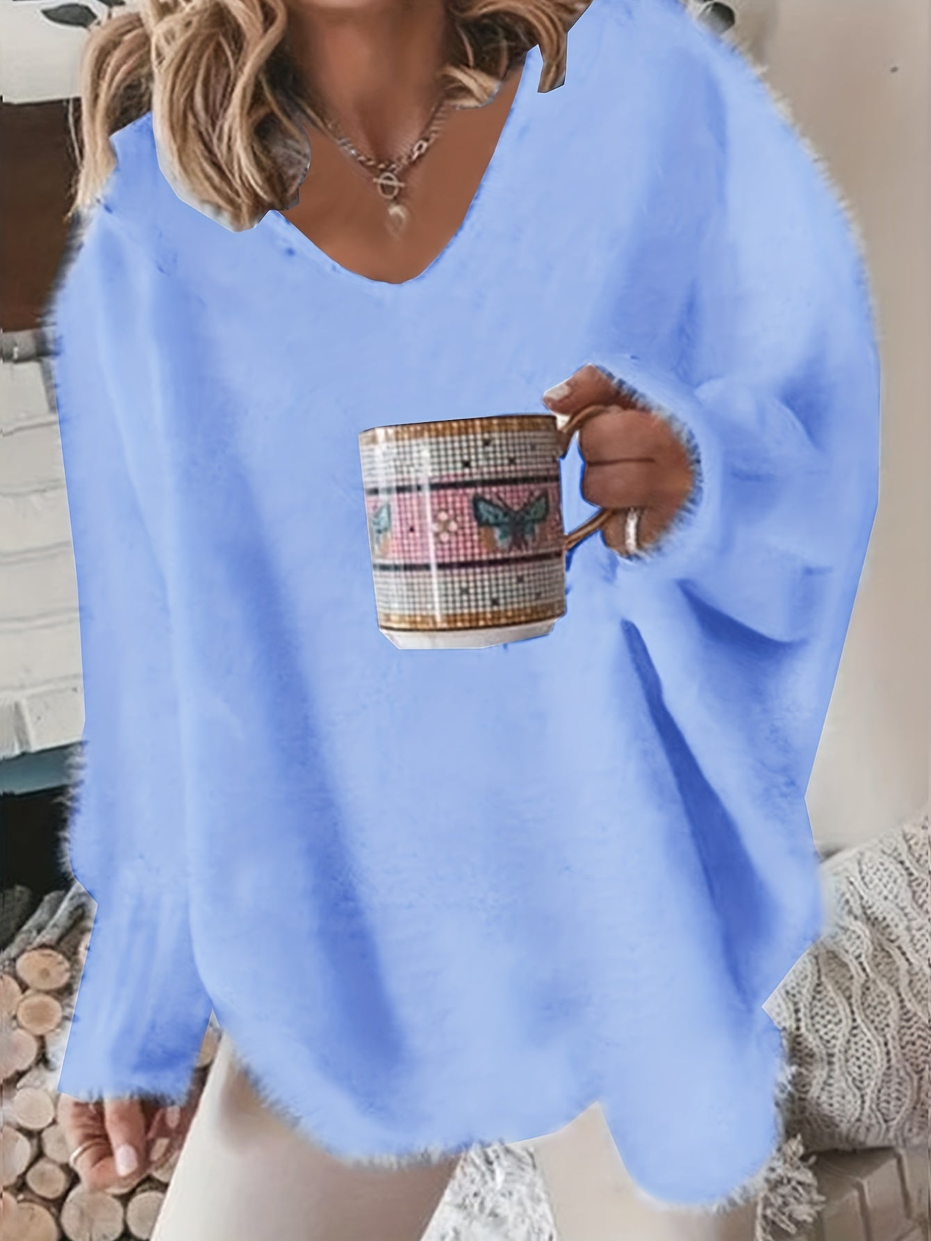 Solid Eyelash Long Sleeve V Neck Sweater