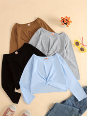 4pcs Girls Casual Knot Front Crew Neck Sweatshirts for Autumn Spring