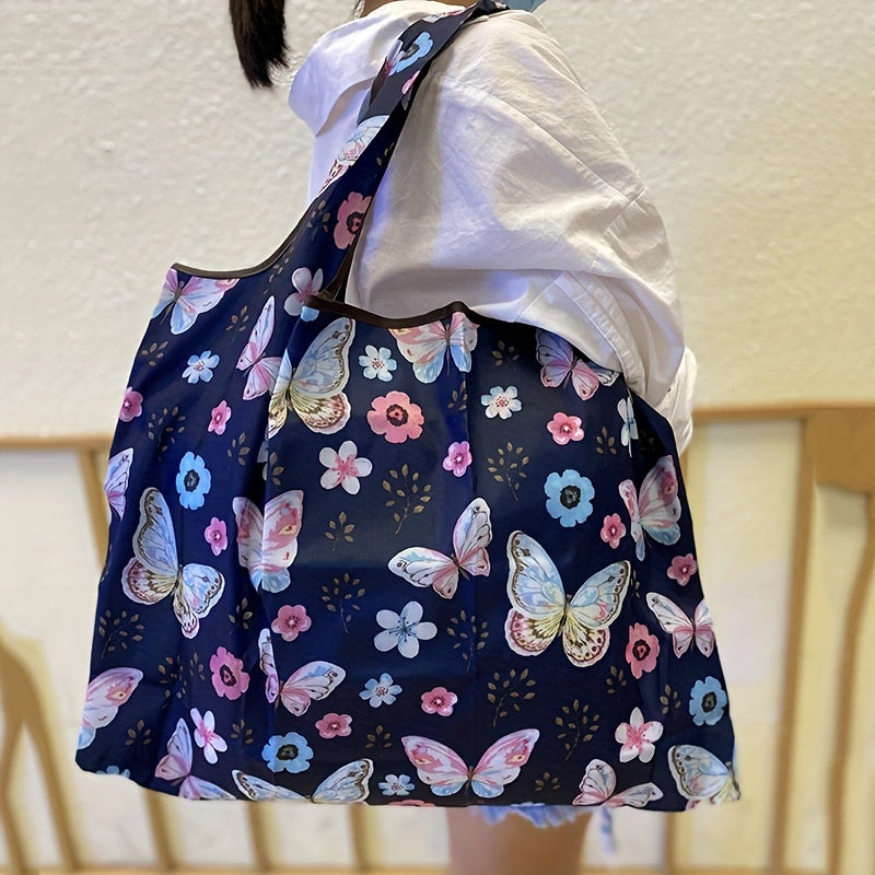 Butterfly Print Nylon Tote Bag Reusable Shopping Bags Large Capacity