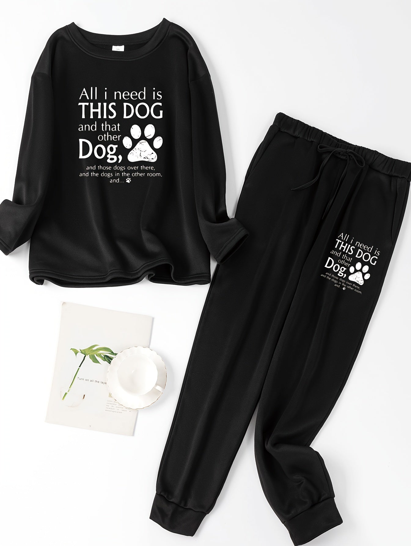 Lounge Set Women's Slogan Print Fleece Top & Joggers Pajamas