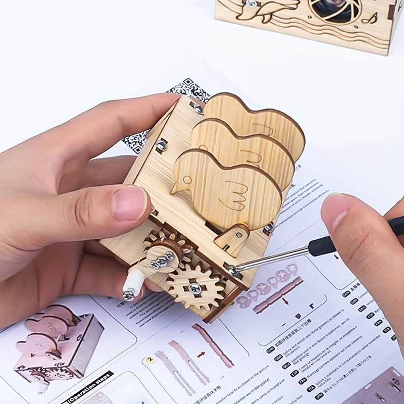 Wooden Chicken Pecking Rice Puzzle Toy with Linkage Gear Shake Handle