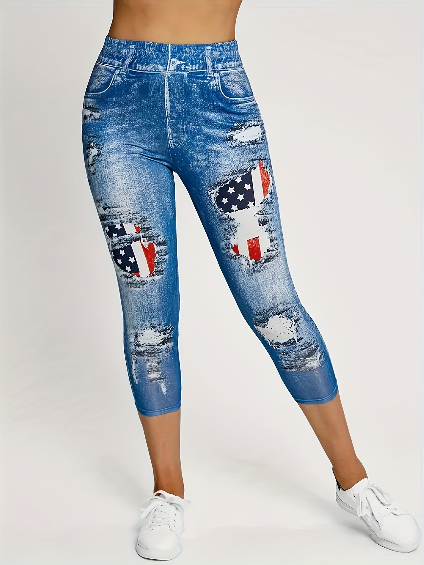 American Flag Print Cropped Leggings Skinny Casual Leggings Women's Clothing