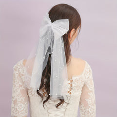 Bowknot Mesh Hair Clip with Faux Pearl Barrette for Women