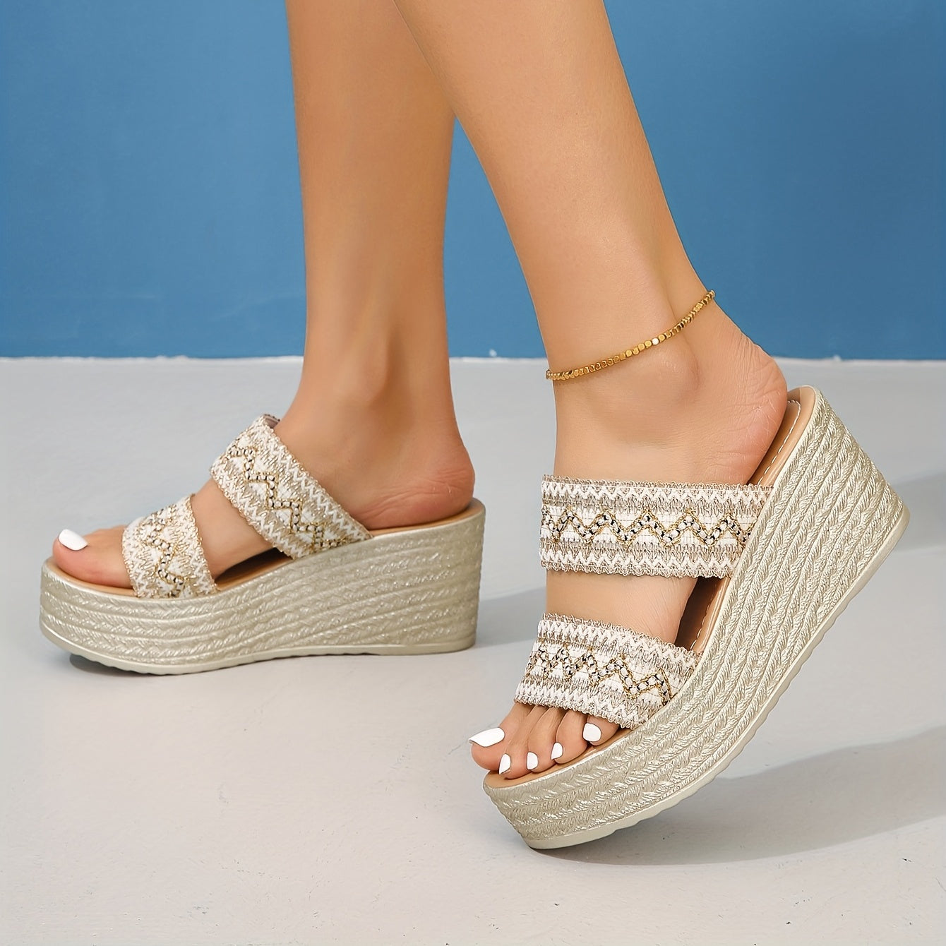 Boho Style Platform Wedge Sandals, Open Toe Slip On Shoes