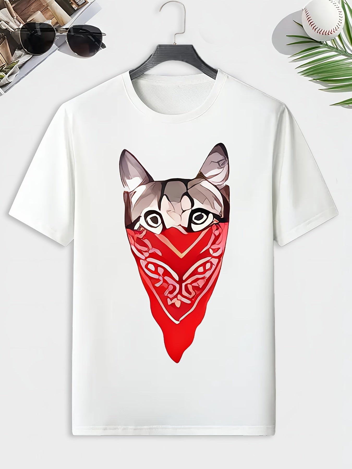 Men's Cat Print T-shirt Active Comfy Stretch Crew Neck Tee