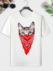 Men's Cat Print T-shirt Active Comfy Stretch Crew Neck Tee