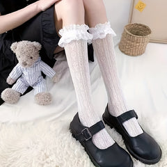 Floral Lace Mesh Calf Socks Sweet & Hollow Out Knee High Socks