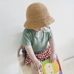 Kids Straw Sun Hat Crochet Lace Tie Fisherman Hat