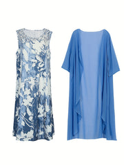 Plus Solid 3/4 Sleeve Cardigan & Floral Print Dress Outfit Set