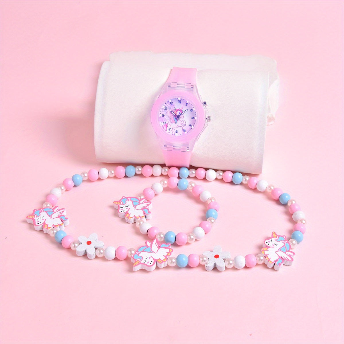 Girls' Pony Watch Set Soft Silicone Strap Luminous Quartz Wristwatch