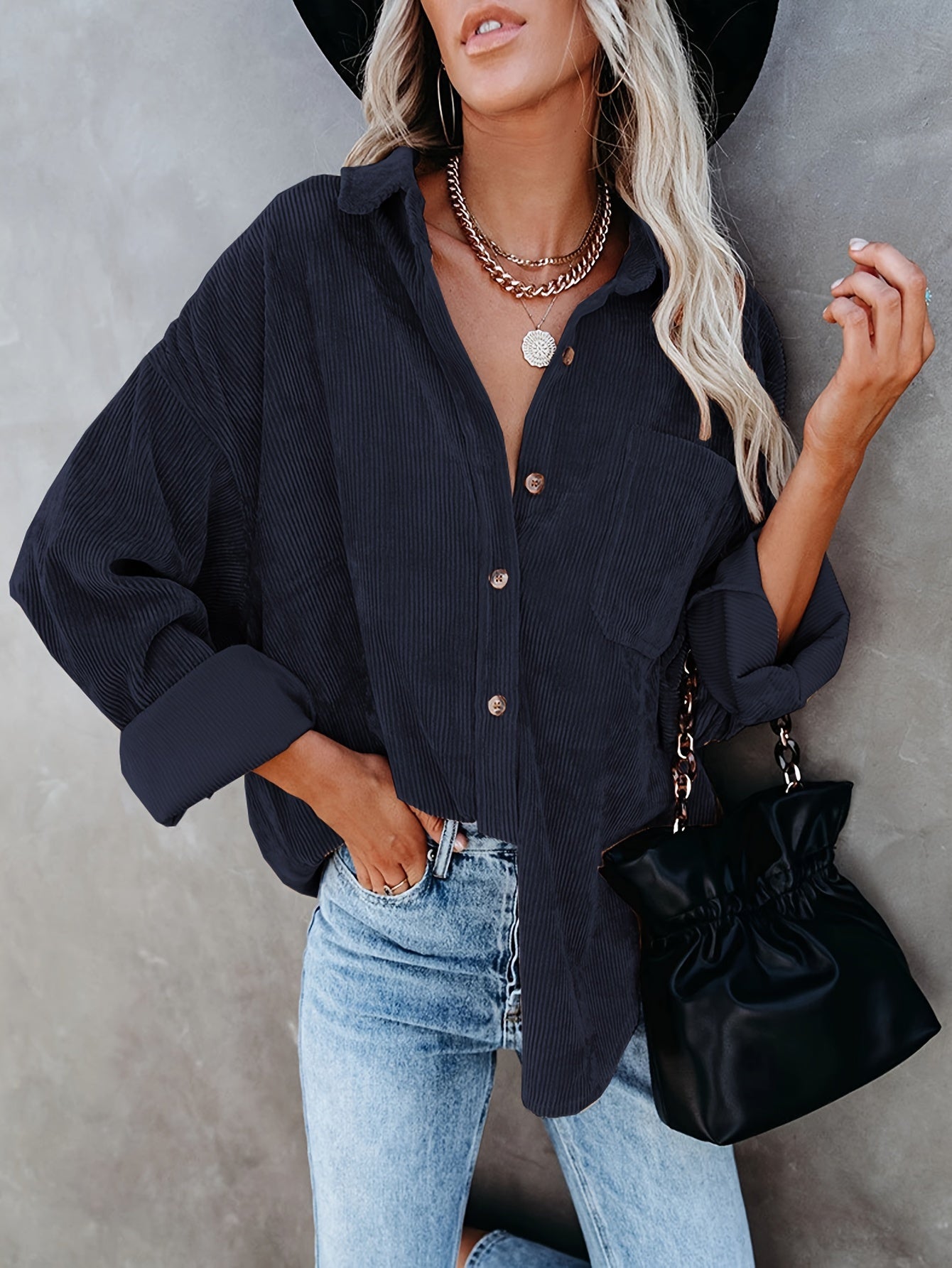 Solid Corduroy Button Up Long Sleeve Collar Shirt
