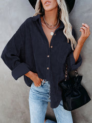 Solid Corduroy Button Up Long Sleeve Collar Shirt