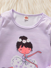 Girl's 2pcs Pajamas Long Sleeve Top & Pants Set Cartoon Ballet Print