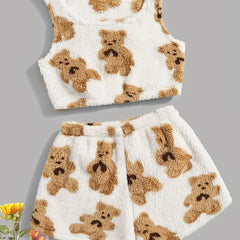 Bear Print Lounge Set Crew Neck Tank & Fuzzy Shorts Women's Loungewear