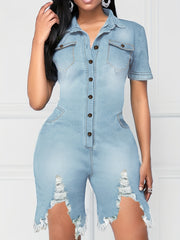 Ripped Short Sleeve Denim Overalls