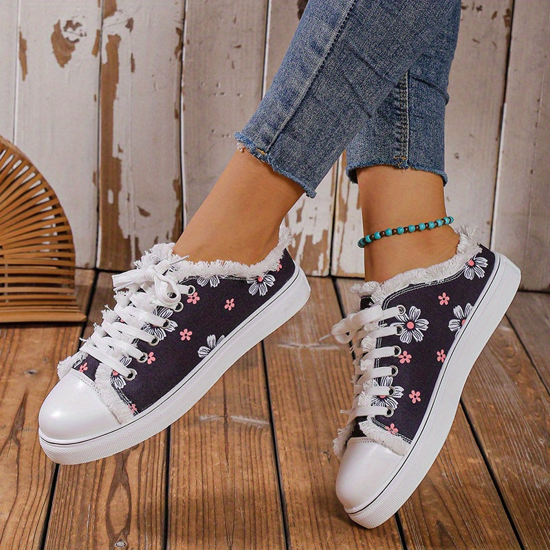 Floral Print Lace Up Canvas Shoes Round Toe Casual Skate Shoes