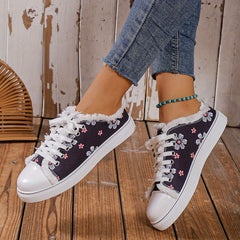 Floral Print Lace Up Canvas Shoes Round Toe Casual Skate Shoes