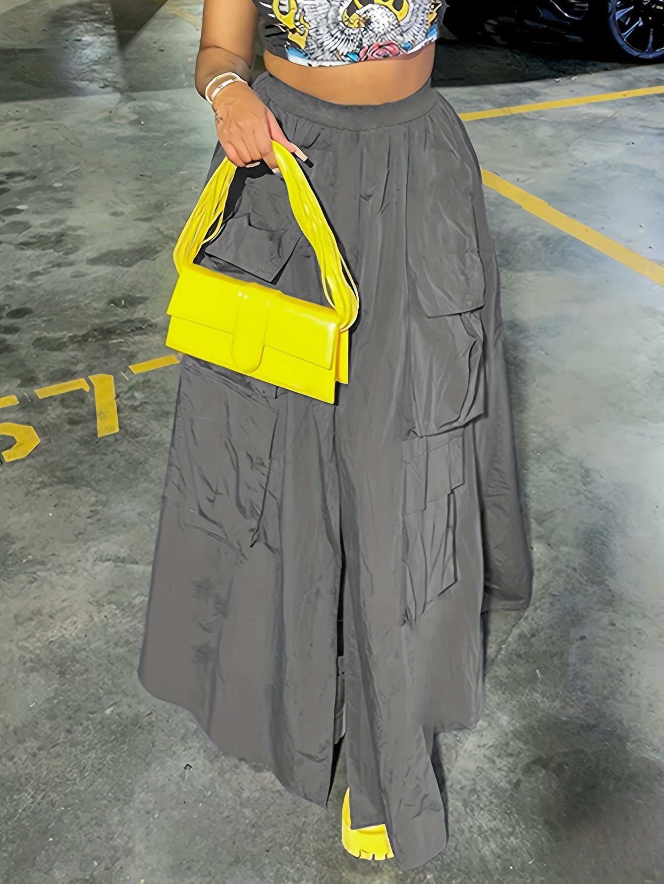 Sporty Cargo Skirt Elastic Waist A Line Split Activewear