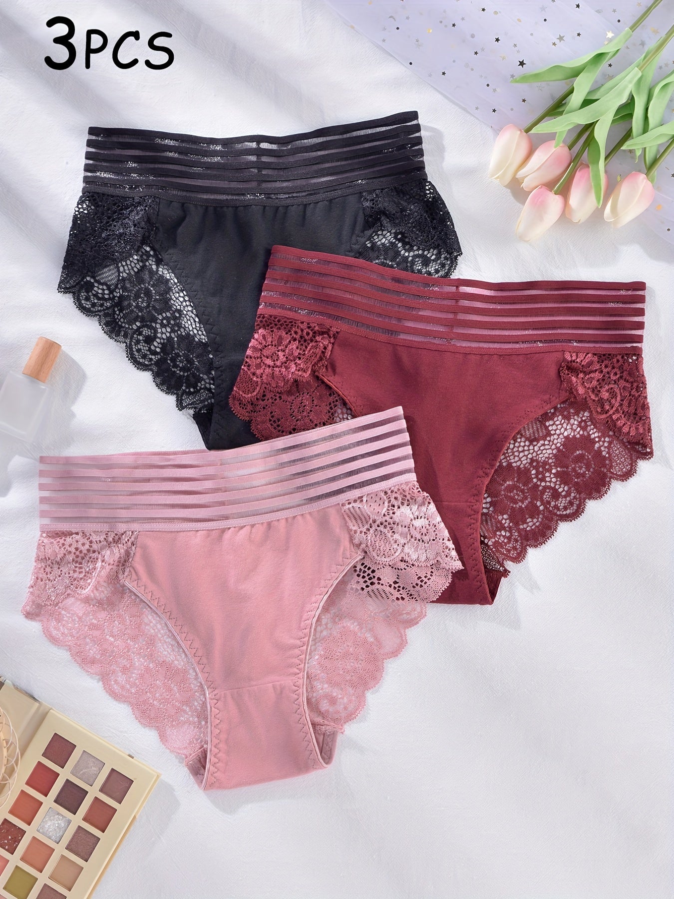 3pcs Lace Briefs Scallop Trim Panties Women's Lingerie