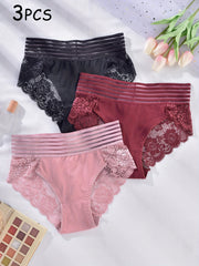 3pcs Lace Briefs Scallop Trim Panties Women's Lingerie
