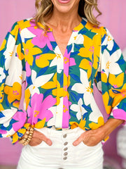 Floral Print Lantern Sleeve Notched Neck Tunic Top