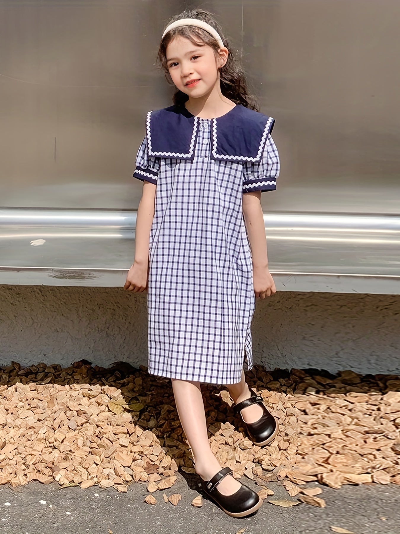 Girl's Plaid Princess Dress Puff Sleeve Button Up Summer Clothing