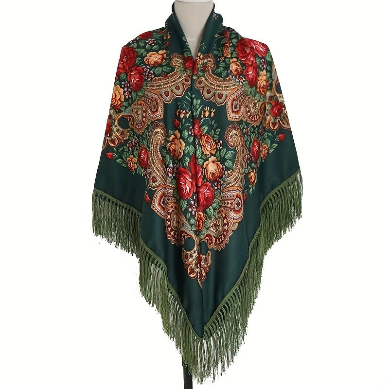 Boho Flower Print Tassel Shawl Cape Solid Cardigan Vintage Large Blanket Scarf
