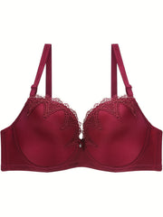 Bra Women's Plus Satin Contrast Lace Hook & Eye High Stretch Solid Bra