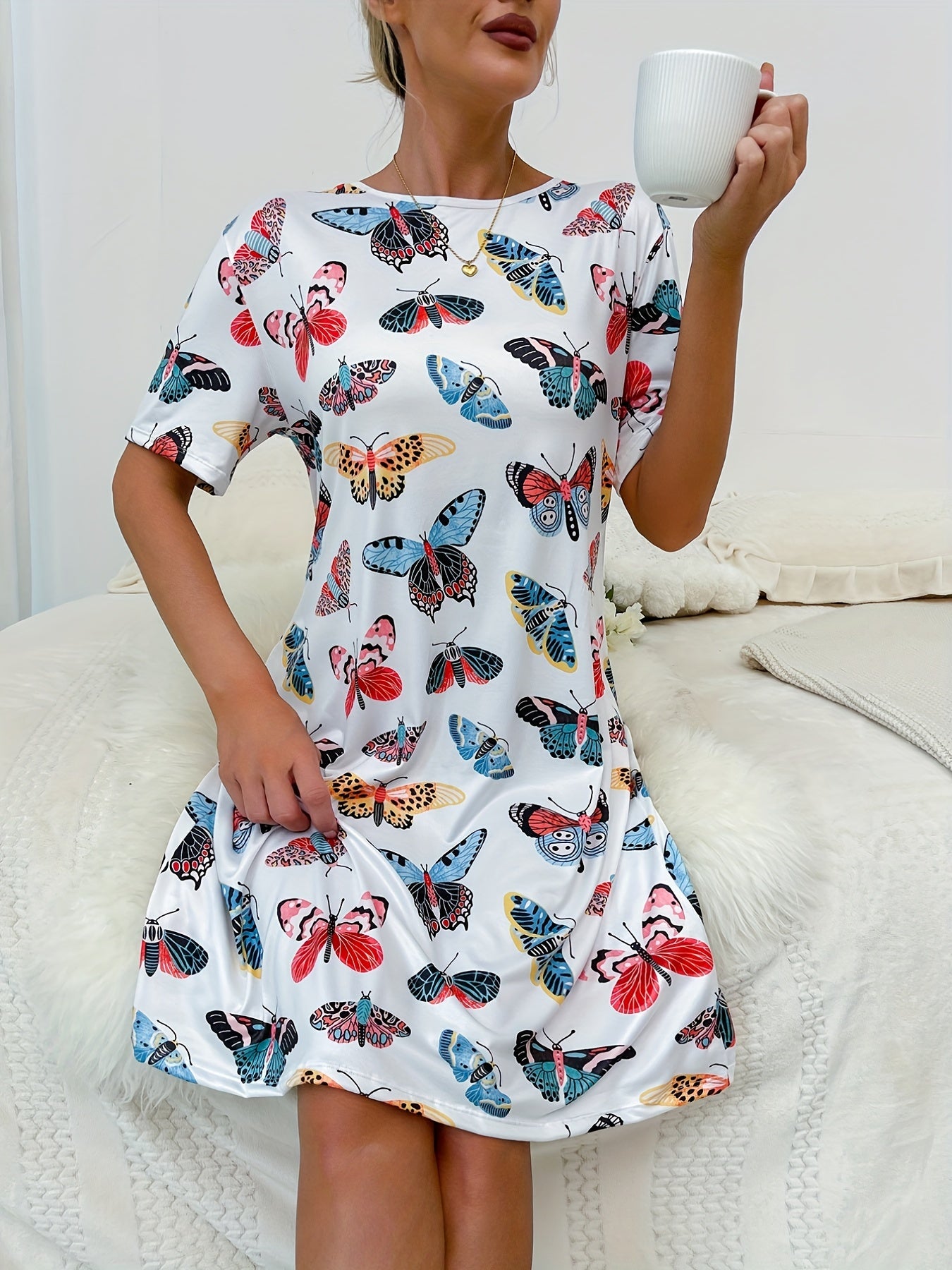 Butterfly Print Lounge Dress Soft & Comfy Short Sleeve Home Dress Women's Lounge