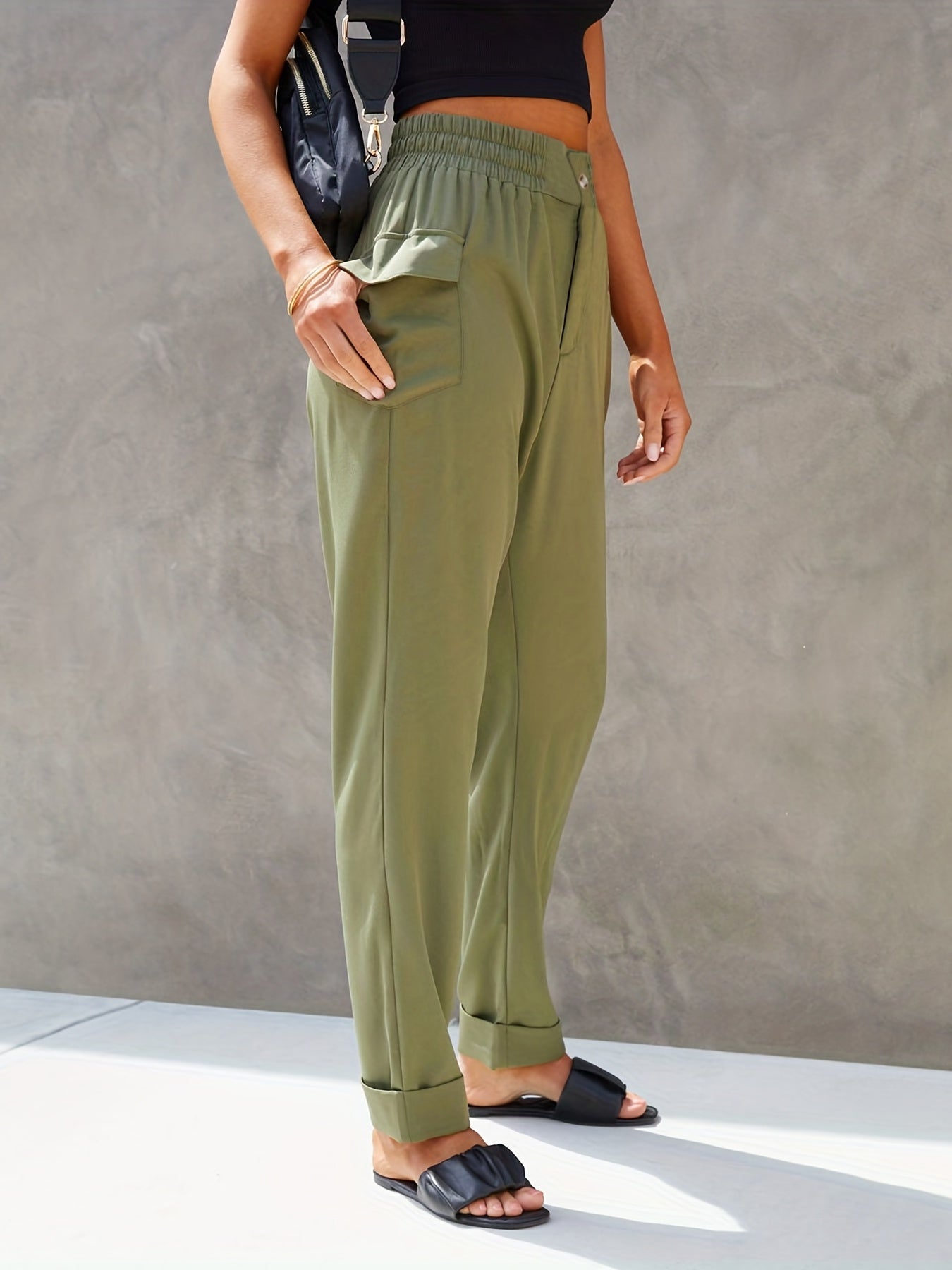 Elastic Waist Button Decor Pants Casual Solid Flap Pockets Pants