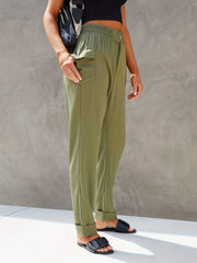 Elastic Waist Button Decor Pants Casual Solid Flap Pockets Pants