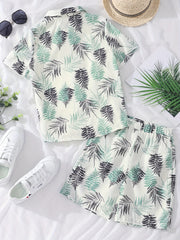 2pcs Hawaii Boys Leaf Graphic Print Short Sleeve T shirt&Shorts Set