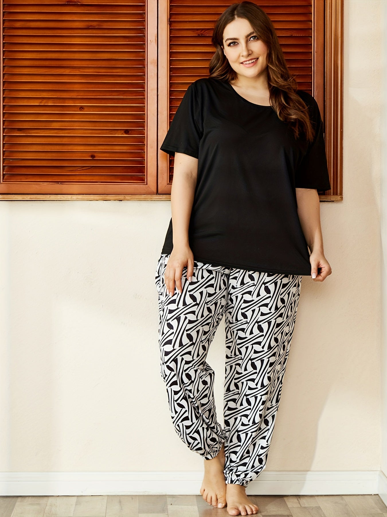 Casual Pajama Set Women's Short Sleeve Top & Print Pants Two Piece Set