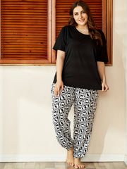Casual Pajama Set Women's Short Sleeve Top & Print Pants Two Piece Set