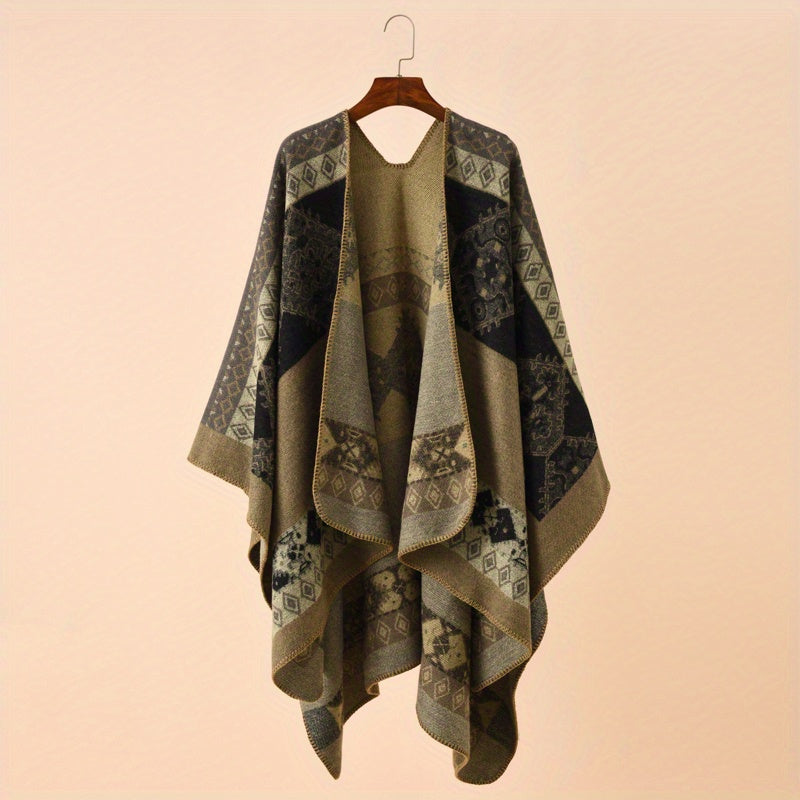Geometric Print Shawl Wrap Warm Sunscreen Windproof Poncho Cape