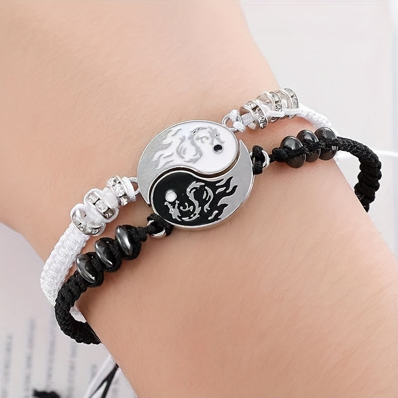2Pcs Yin Yang Couple Bracelets Necklace Set Adjustable Braid Chain