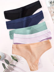 5pcs Ribbed Thongs Soft Comfy Low Waist Panties Women's Lingerie & Underwear