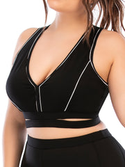 Strip Print V Neck Sports Bra Medium Stretch Fitness Bra