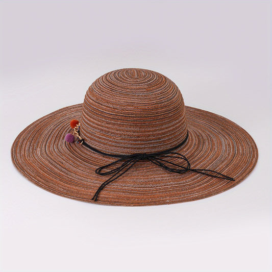 Striped Sun Hat Bowknot Decor Vintage Floppy Sun Hat UV Protection