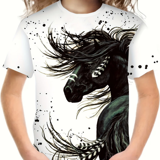 3D Horse Graphic Short Sleeve T shirt Boys Girls Western Style
