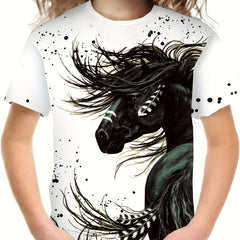 3D Horse Graphic Short Sleeve T shirt Boys Girls Western Style