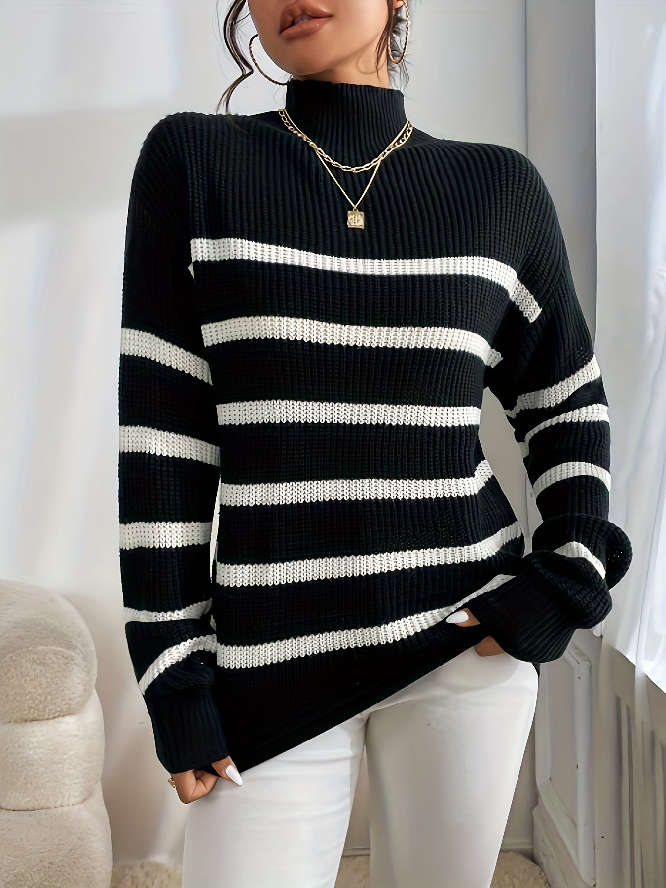 Striped Mock Neck Pullover Sweater for Women